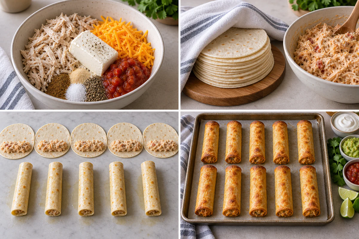 Four chronological preparation stages for Baked Cream Cheese Chicken Taquitos