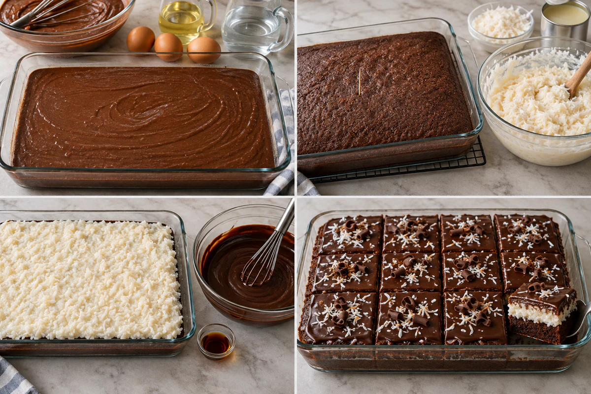Four chronological preparation stages for Choco Coconut Dream Cake