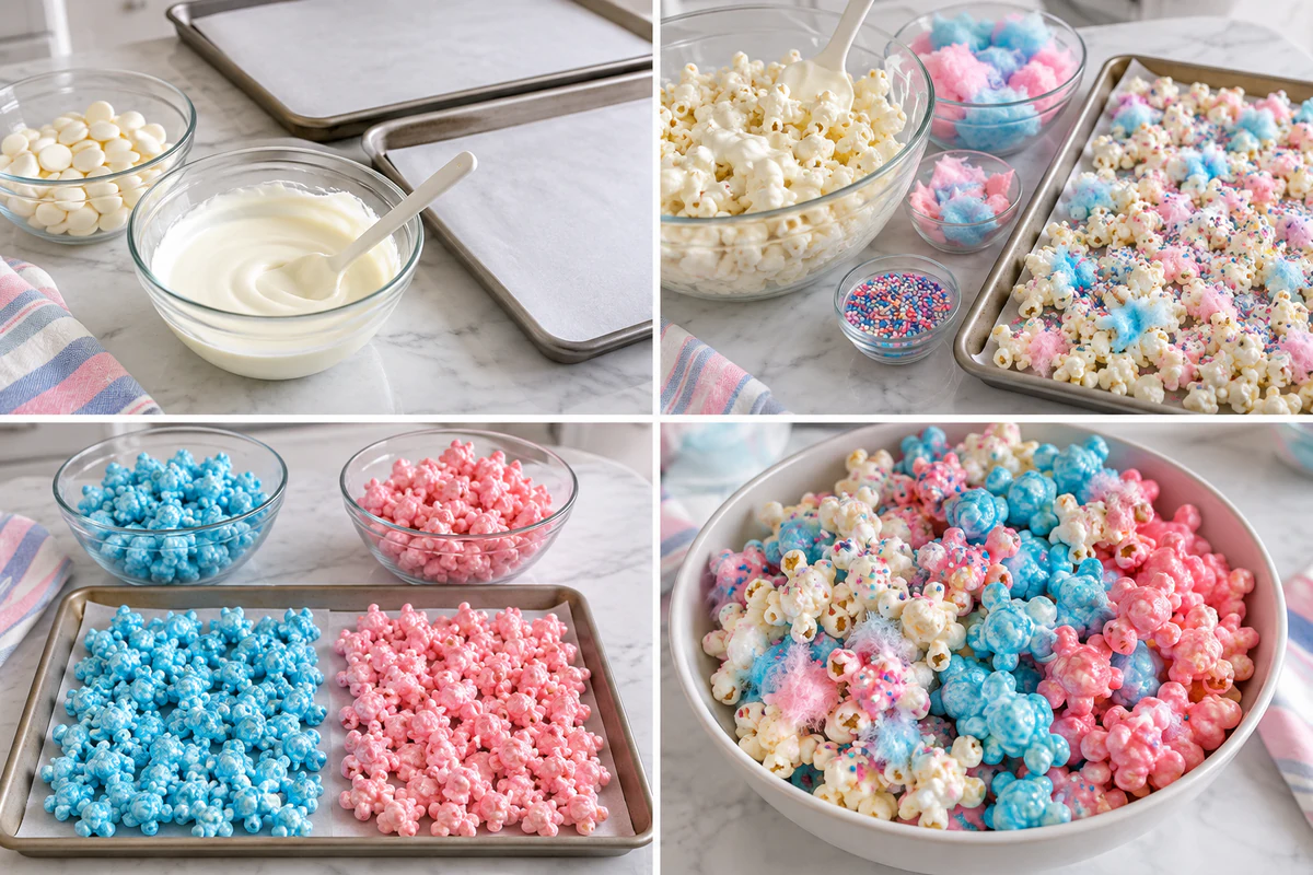 Four chronological preparation stages for Cotton Candy Popcorn
