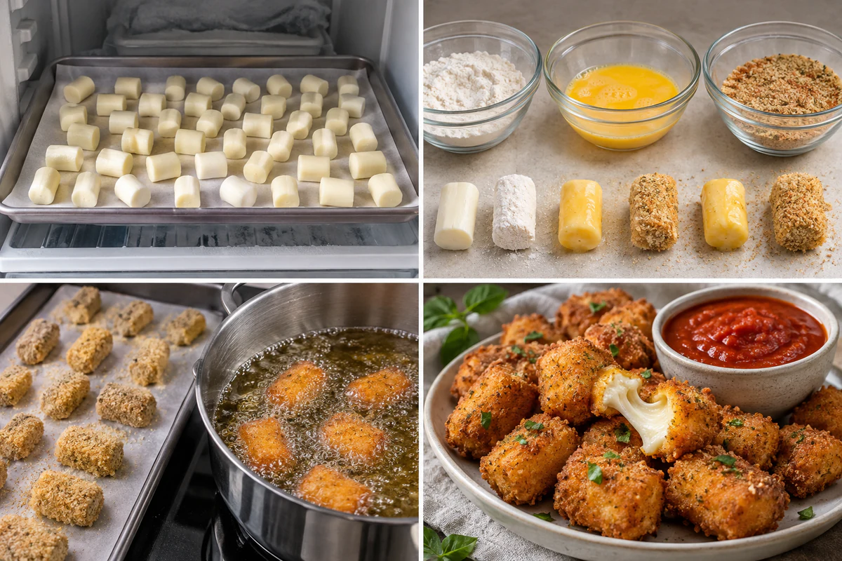 Four chronological preparation stages for Mozzarella Fried Cheese Bites