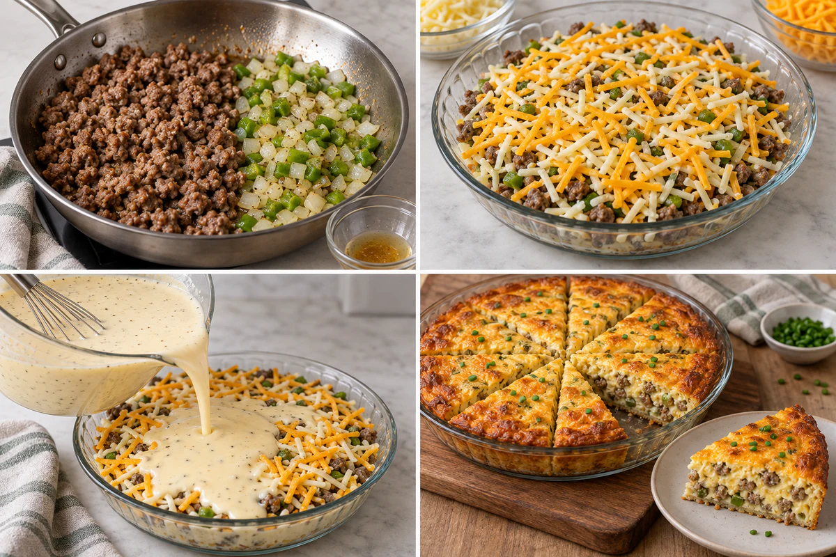 Four chronological preparation stages for Monterey Sausage Pie