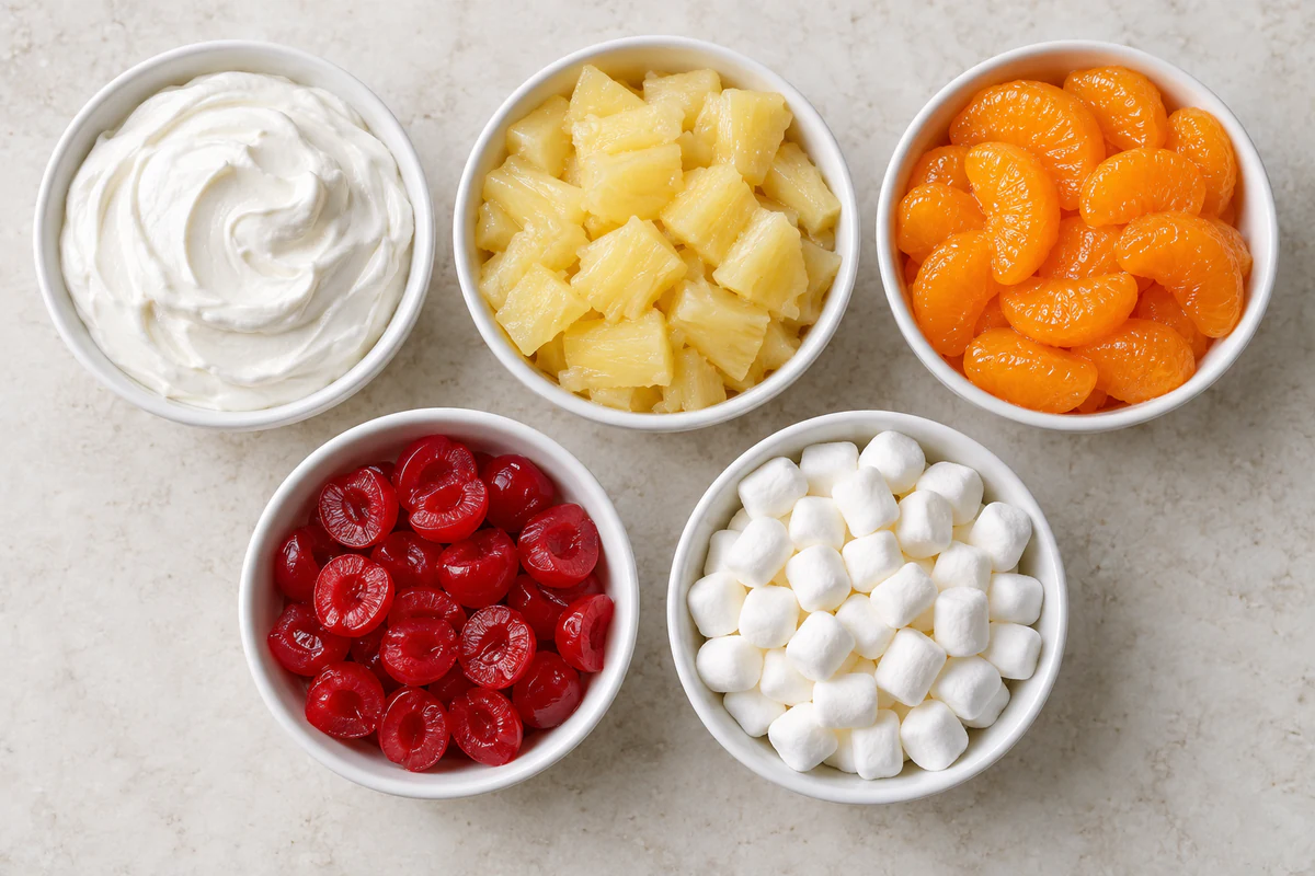 Exact measured ingredients for 5 Cup Salad