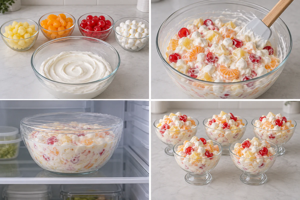 Four chronological preparation stages for 5 Cup Salad