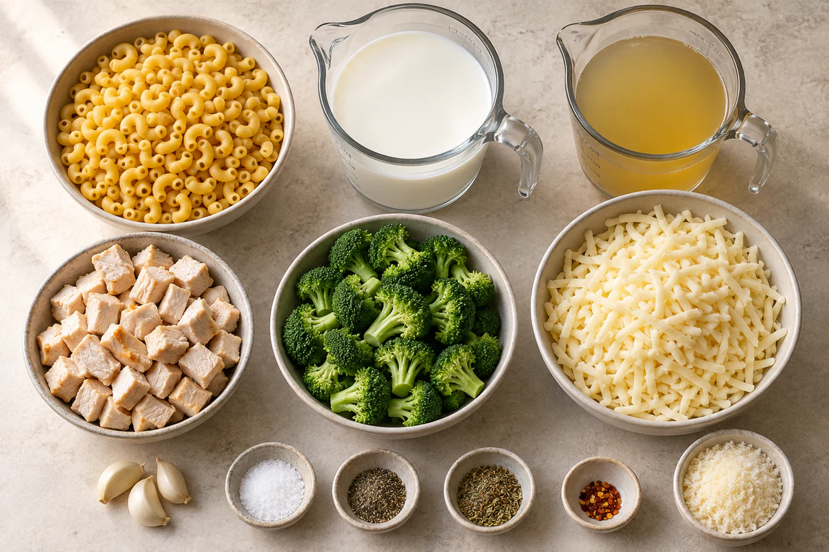 Exact measured ingredients for Cheesy Chicken and Broccoli Pasta