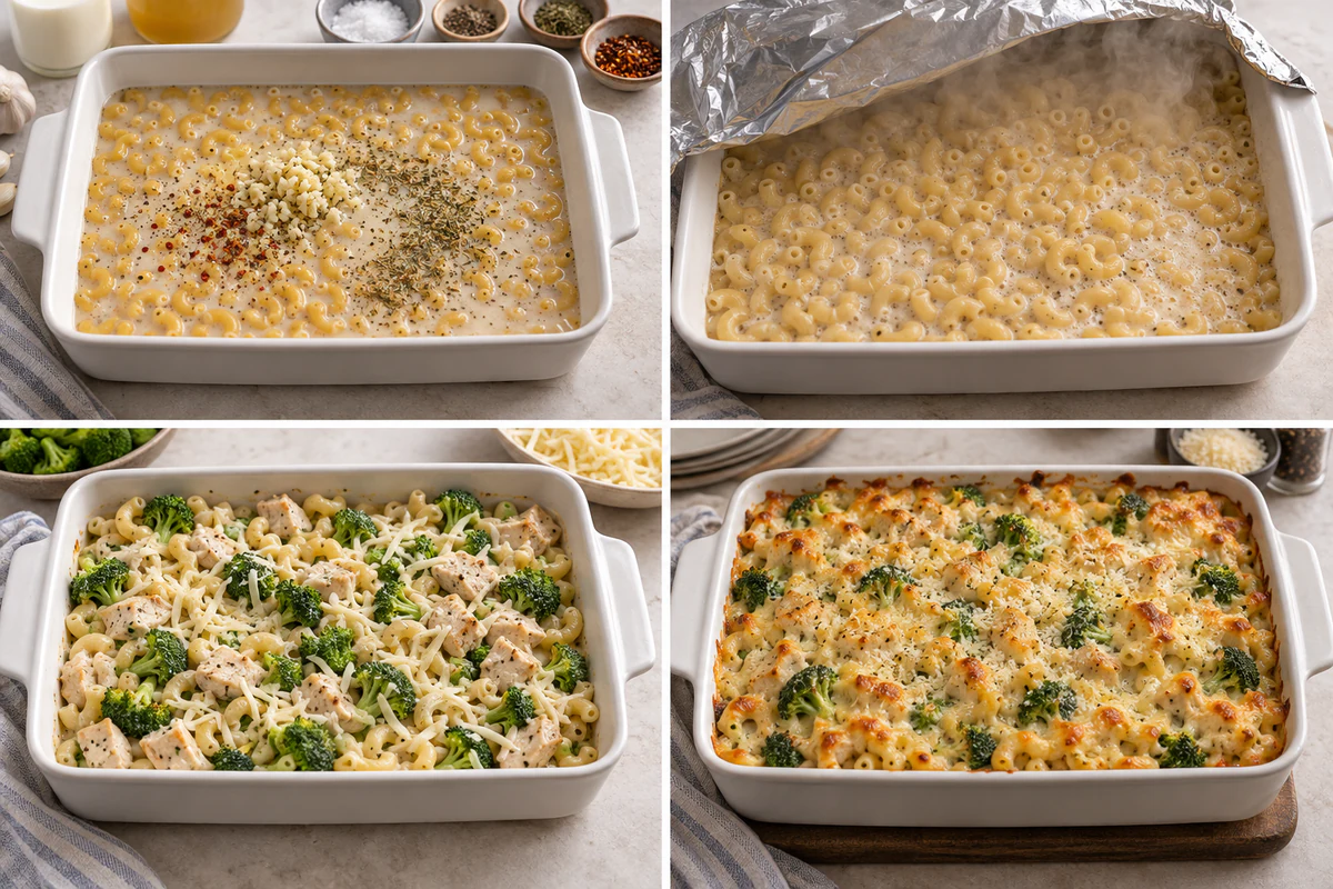 Four chronological preparation stages for Cheesy Chicken and Broccoli Pasta