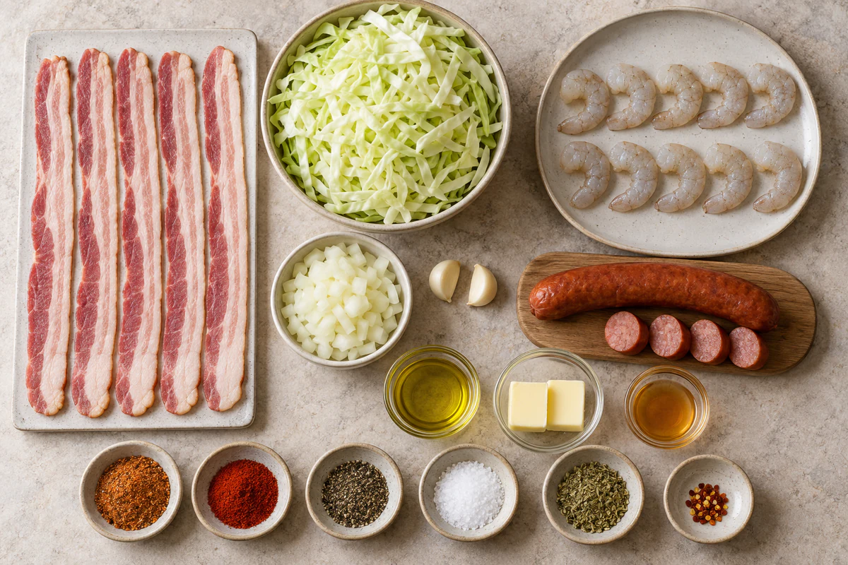 Exact measured ingredients for Fried Cabbage with Shrimp, Sausage & Bacon