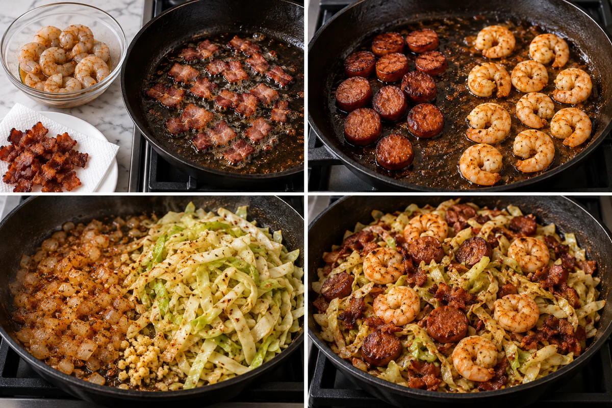 Four chronological preparation stages for Fried Cabbage with Shrimp, Sausage & Bacon