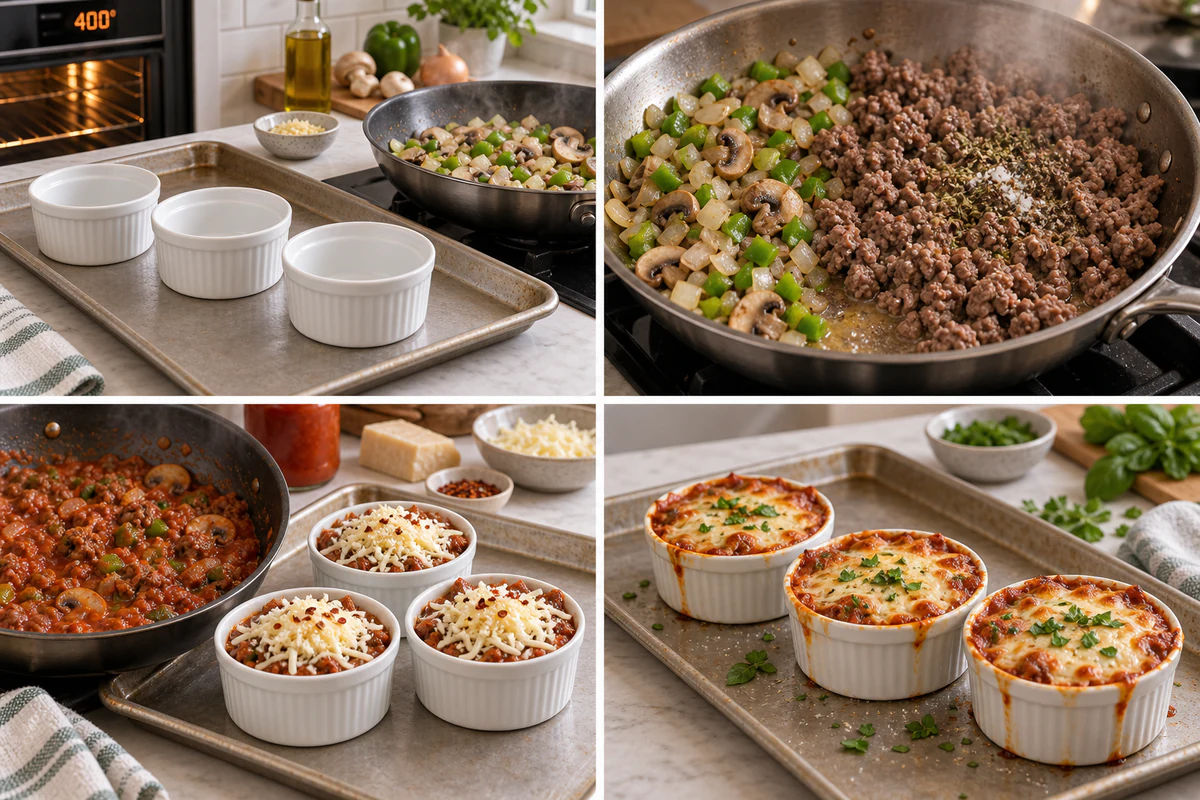 Four chronological preparation stages for Low Carb Crustless Pizza Bowl