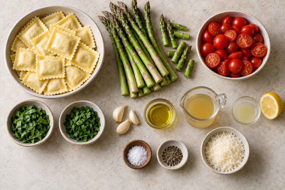 Exact measured ingredients for Ravioli with Tomatoes and Asparagus