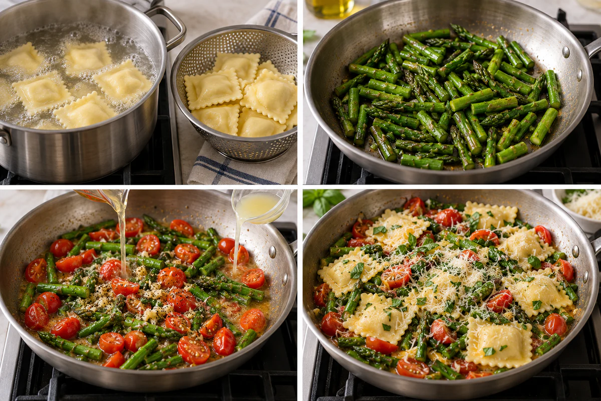 Four chronological preparation stages for Ravioli with Tomatoes and Asparagus