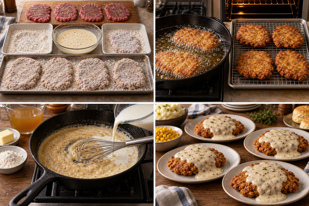 Four chronological preparation stages for Chicken Fried Steak w/ Country Gravy