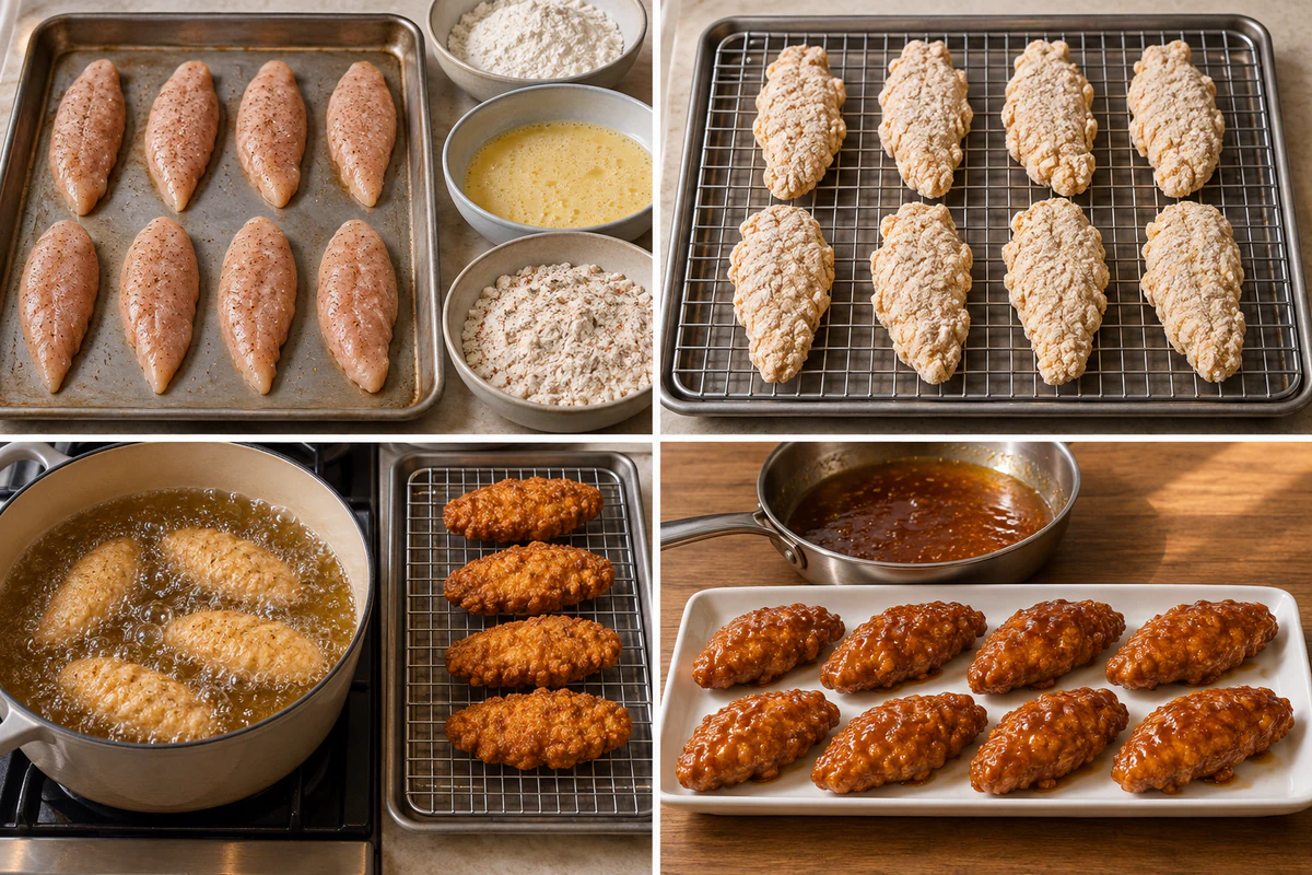 Four chronological preparation stages for Honey Butter Fried Chicken