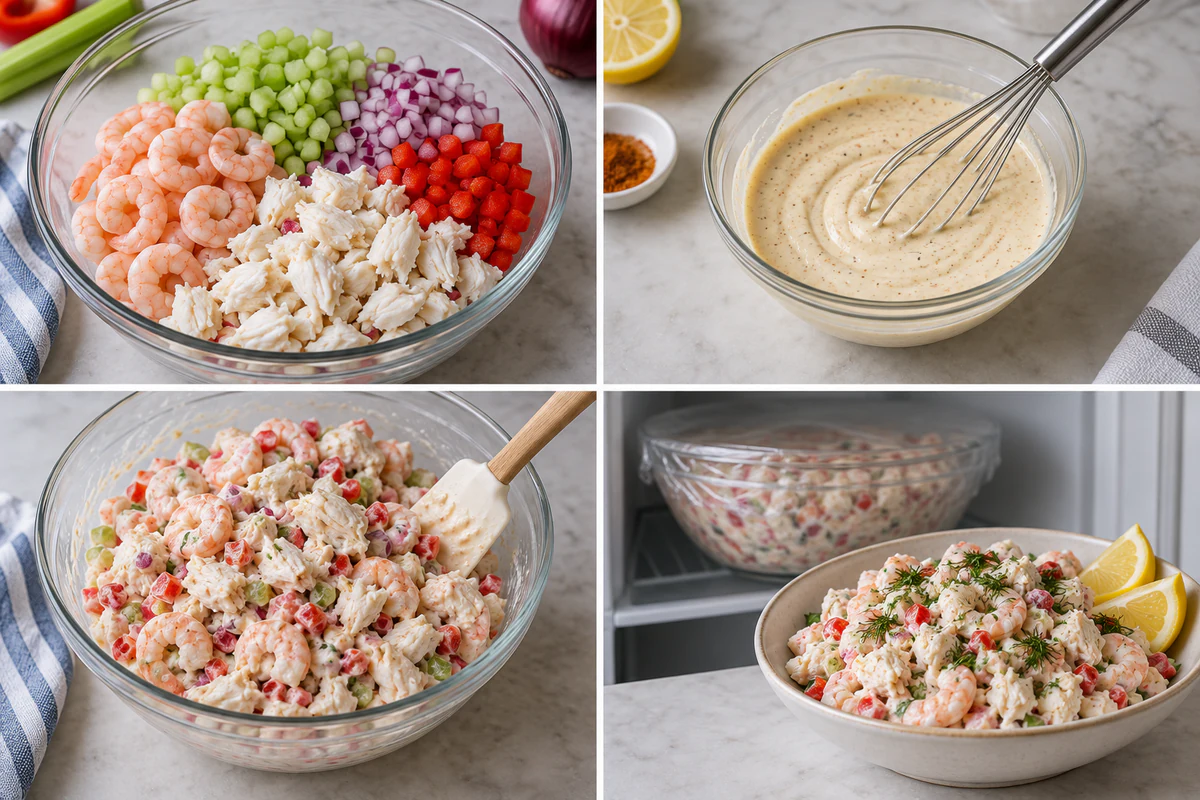 Four chronological preparation stages for Seafood Salad