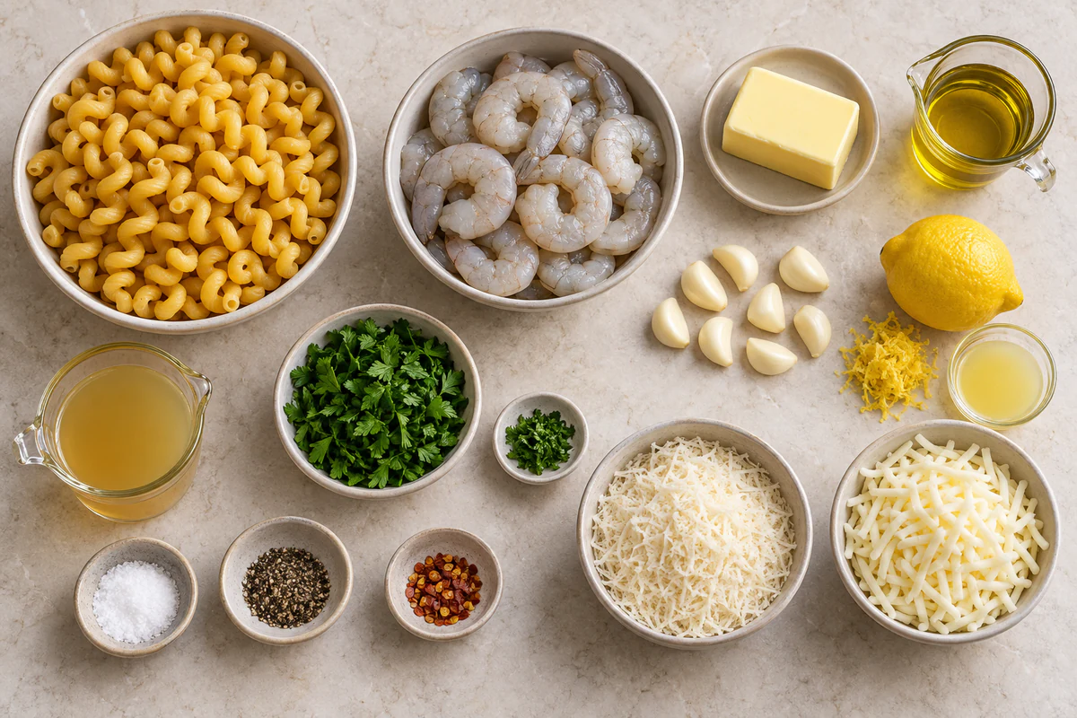 Exact measured ingredients for Shrimp Scampi Pasta Bake
