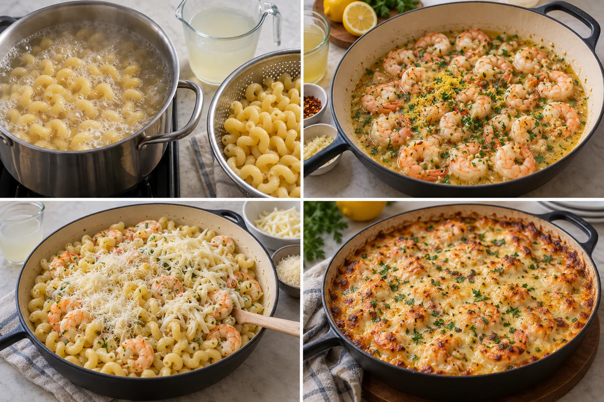 Four chronological preparation stages for Shrimp Scampi Pasta Bake