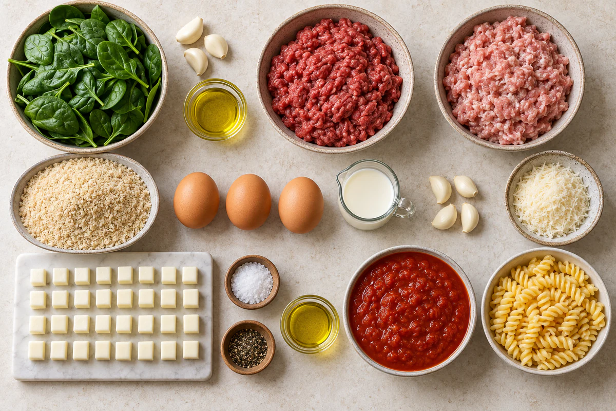 Exact measured ingredients for Spinach Garlic Meatballs Stuffed With Mozzarella