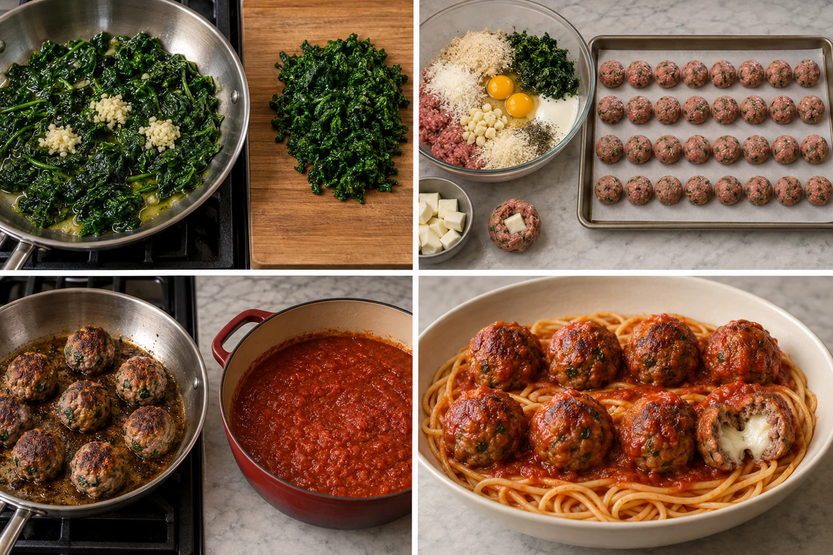 Four chronological preparation stages for Spinach Garlic Meatballs Stuffed With Mozzarella