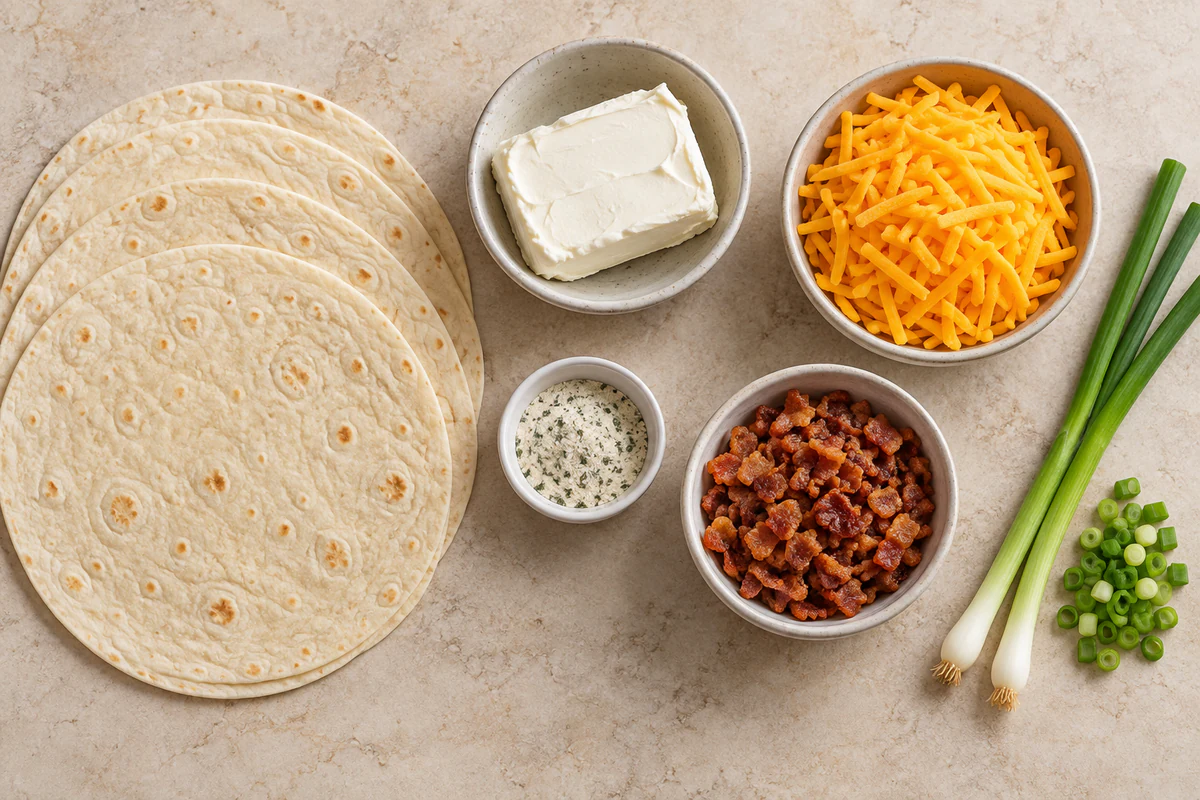 Exact measured ingredients for Cheddar Bacon Ranch Pinwheels