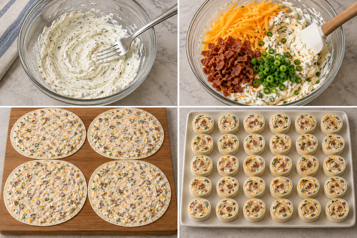 Four chronological preparation stages for Cheddar Bacon Ranch Pinwheels