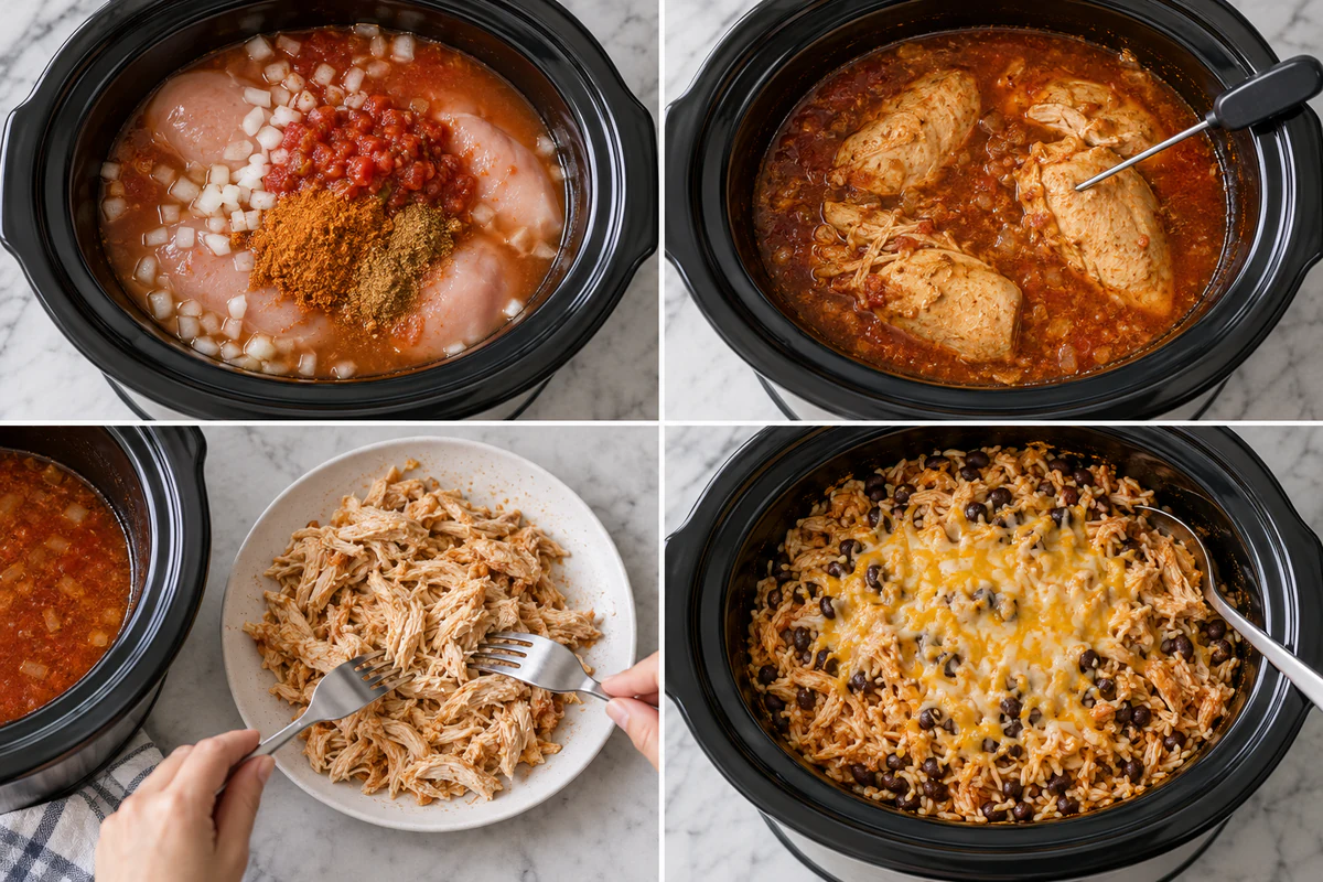 Four chronological preparation stages for Crock Pot Chicken and Rice Burrito Bowl