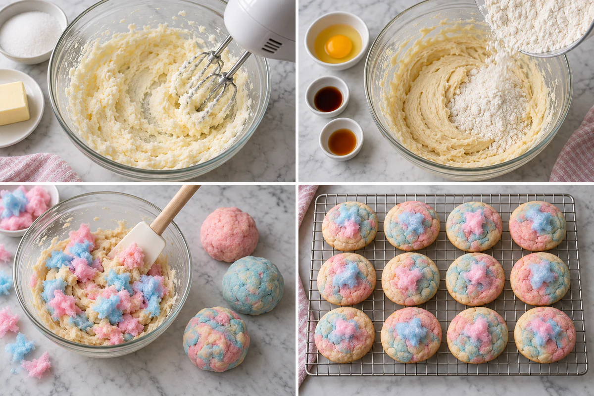 Four chronological preparation stages for Cotton Candy Cookies