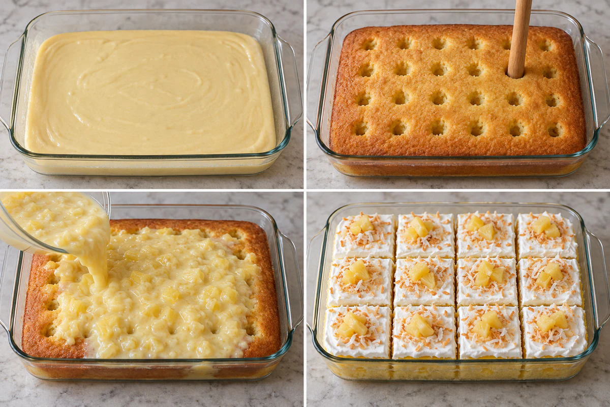 Four chronological preparation stages for Hawaiian Poke Cake