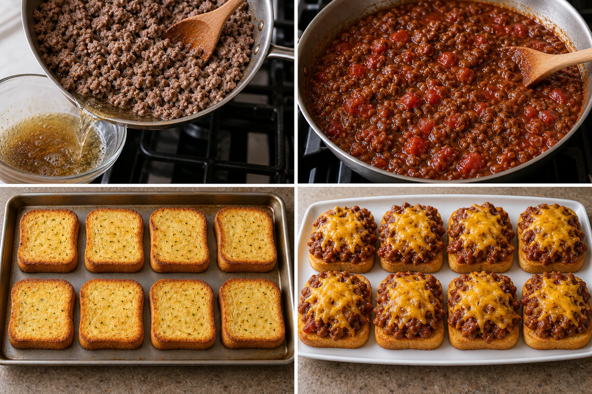 Four chronological preparation stages for Texas Toast Sloppy Joes