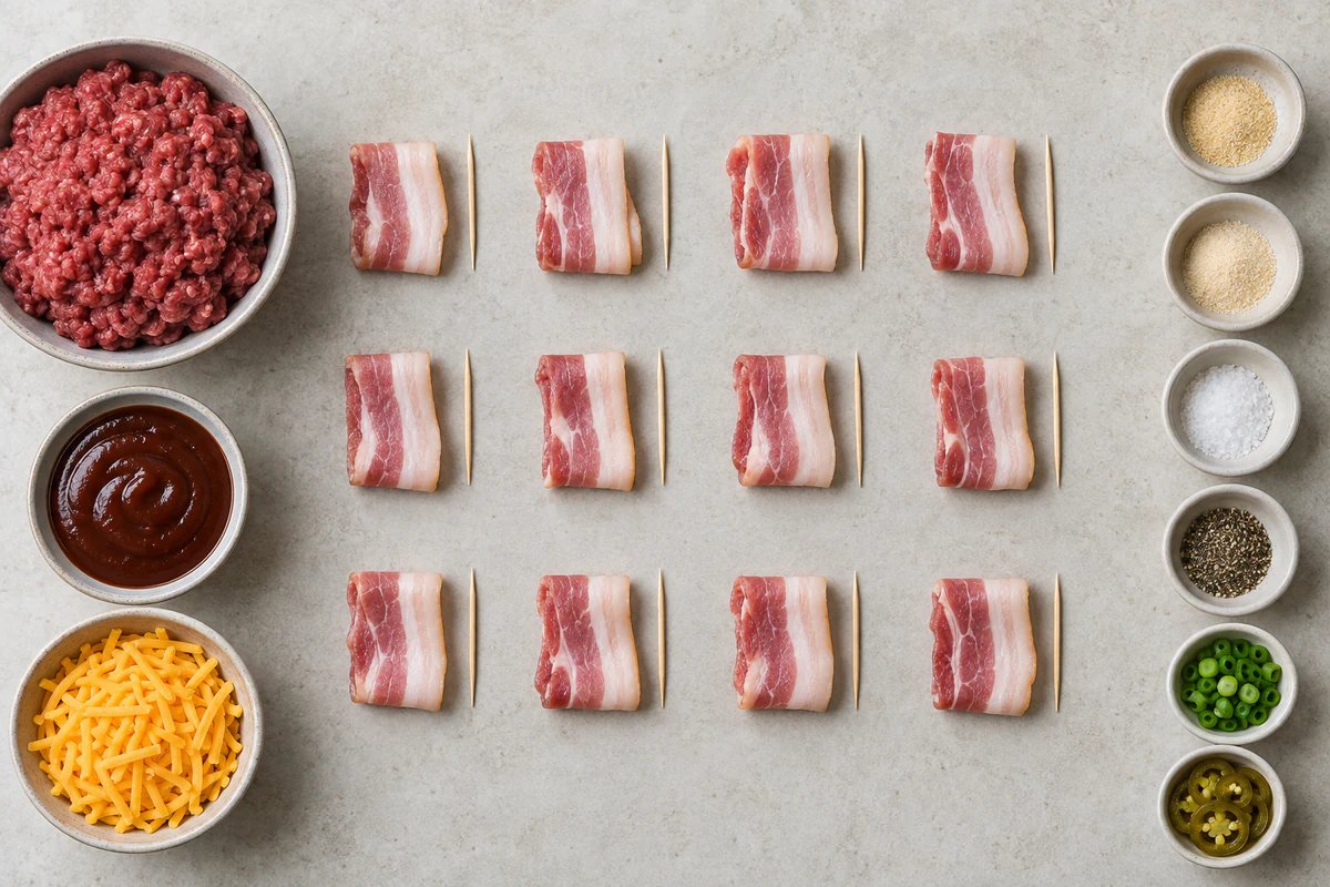 Exact measured ingredients for Cheddar-Stuffed BBQ Bacon Bombs