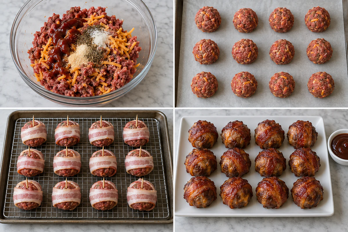 Four chronological preparation stages for Cheddar-Stuffed BBQ Bacon Bombs