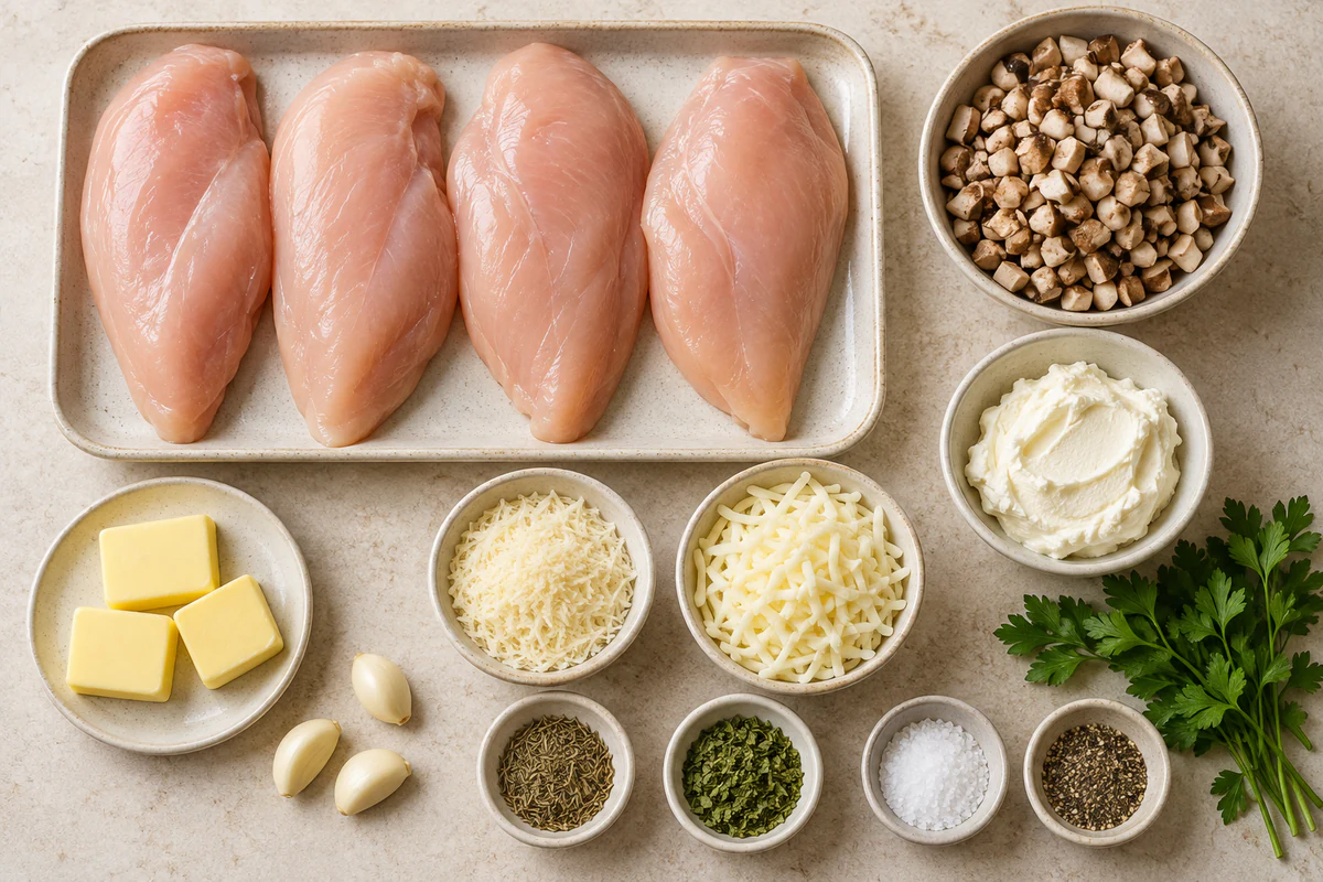 Exact measured ingredients for Cheesy Garlic Butter Mushroom Stuffed Chicken