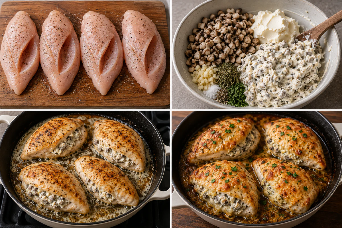 Four chronological preparation stages for Cheesy Garlic Butter Mushroom Stuffed Chicken