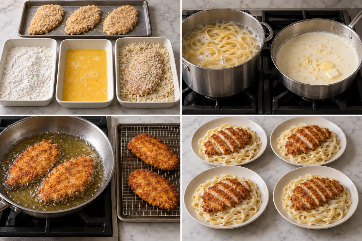 Four chronological preparation stages for Crispy Chicken Fettuccine Alfredo