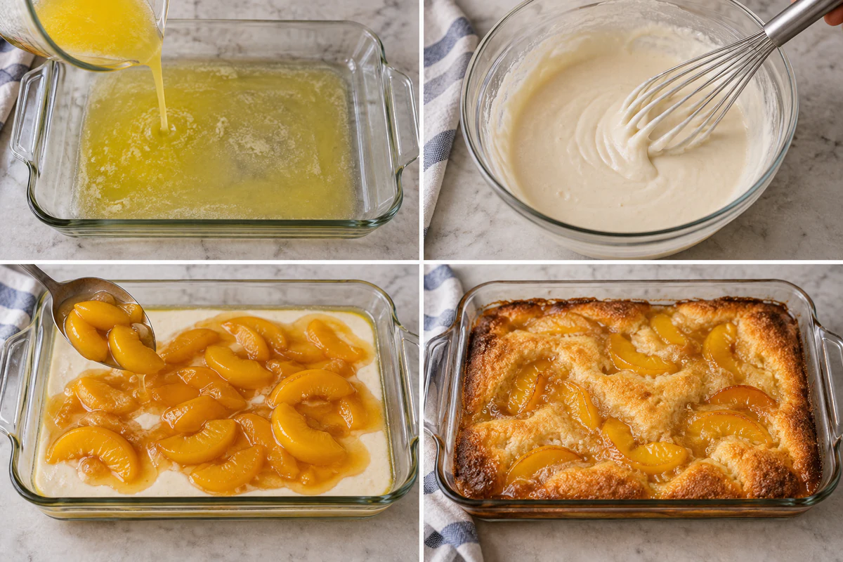 Four chronological preparation stages for LAZY MAN'S PIE PEACH COBBLER