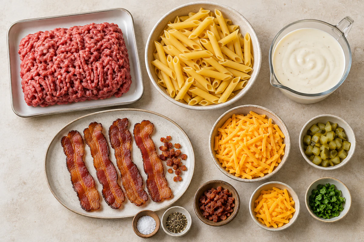 Exact measured ingredients for Loaded Bacon Cheeseburger Pasta