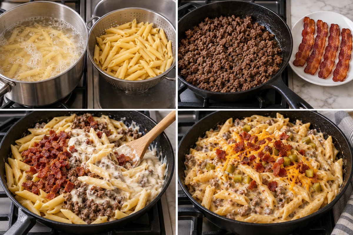 Four chronological preparation stages for Loaded Bacon Cheeseburger Pasta