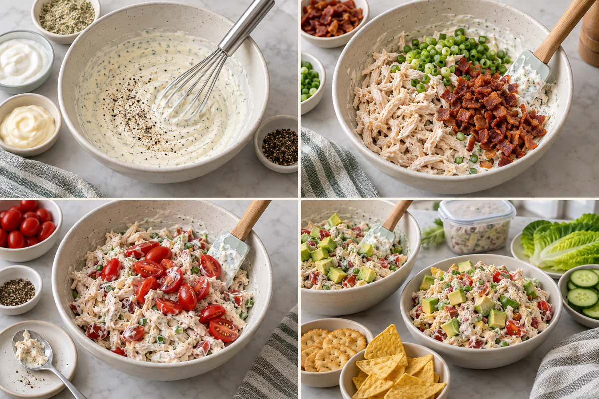 Four chronological preparation stages for BLT Chicken Salad