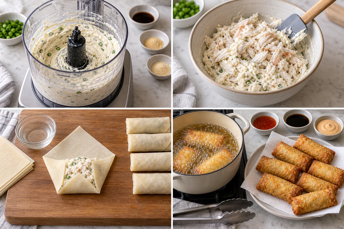 Four chronological preparation stages for Crab Rangoon Egg Rolls