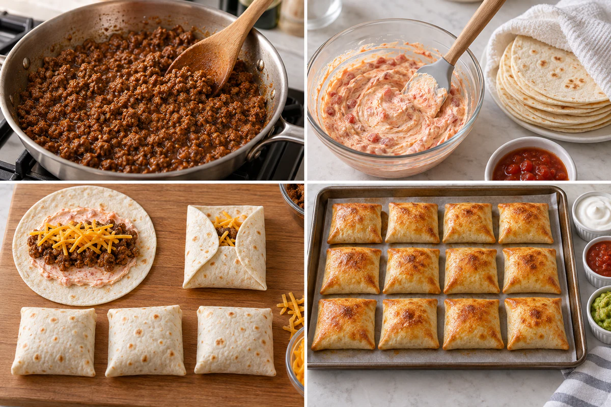 Four chronological preparation stages for Loaded Cheesy Pocket Tacos