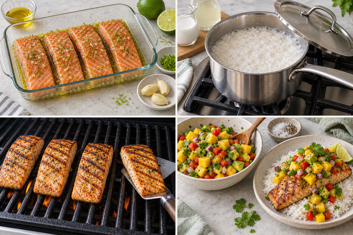 Four chronological preparation stages for Grilled Salmon Mango Salsa