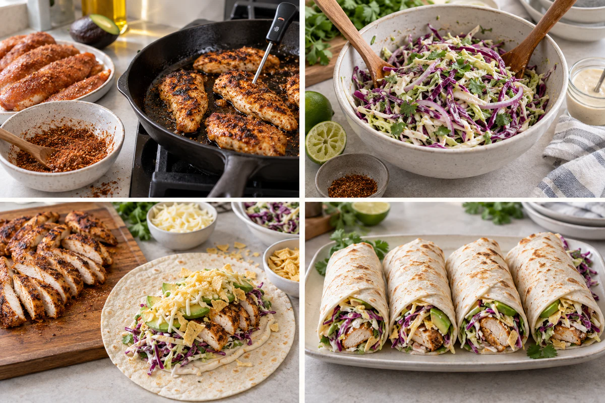 Four chronological preparation stages for Southwest Chicken Wraps