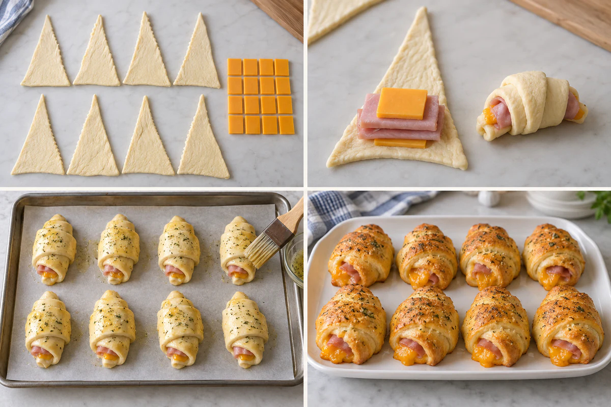 Four chronological preparation stages for Ham And Cheese Crescent Rolls