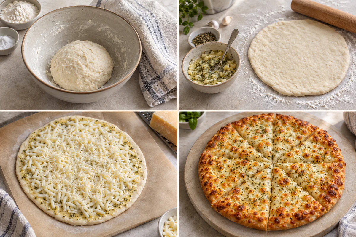 Four chronological preparation stages for High Protein Cheesy Garlic Pizza