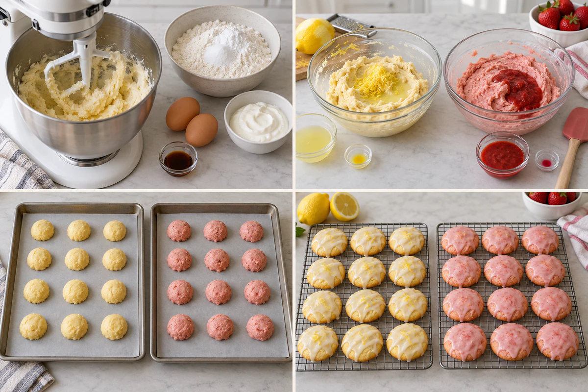 Four chronological preparation stages for Lemon & Strawberry Pound Cookies