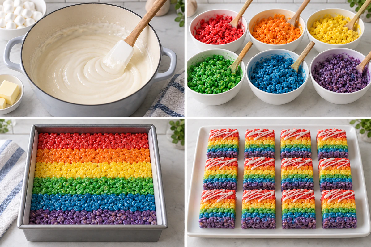 Four chronological preparation stages for Rainbow Rice Krispie Treats