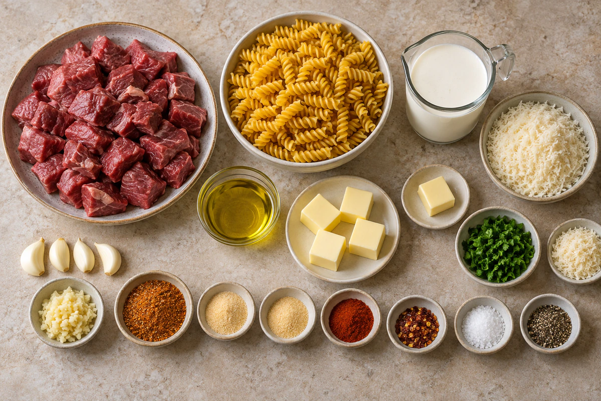 Exact measured ingredients for Garlic Butter Steak Bites & Cajun Alfredo Pasta