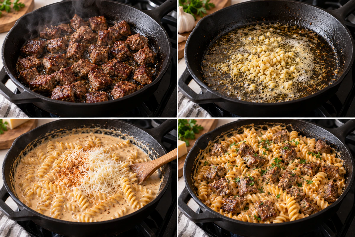 Four chronological preparation stages for Garlic Butter Steak Bites & Cajun Alfredo Pasta