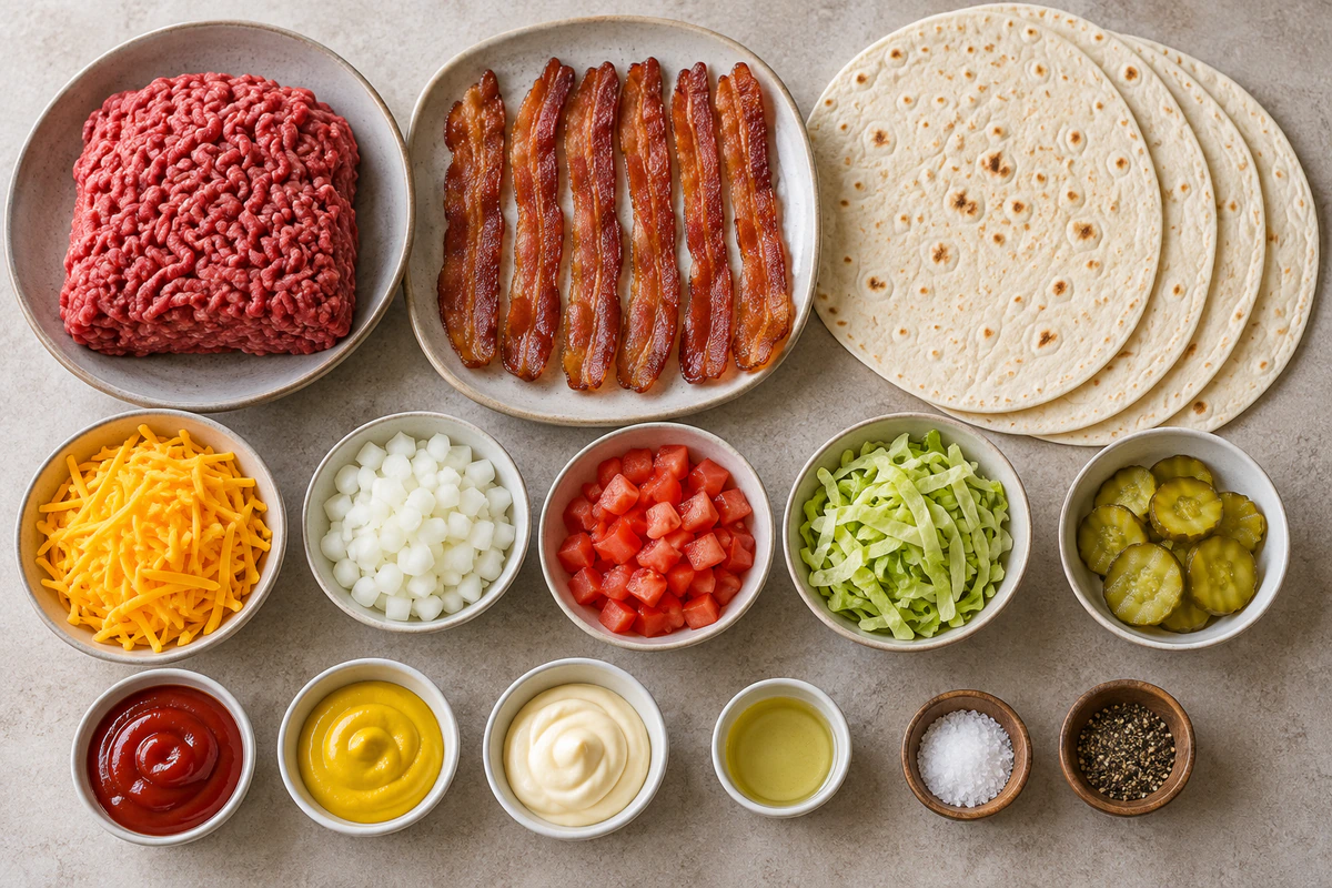 Exact measured ingredients for Huge Bacon Cheeseburger Burrito