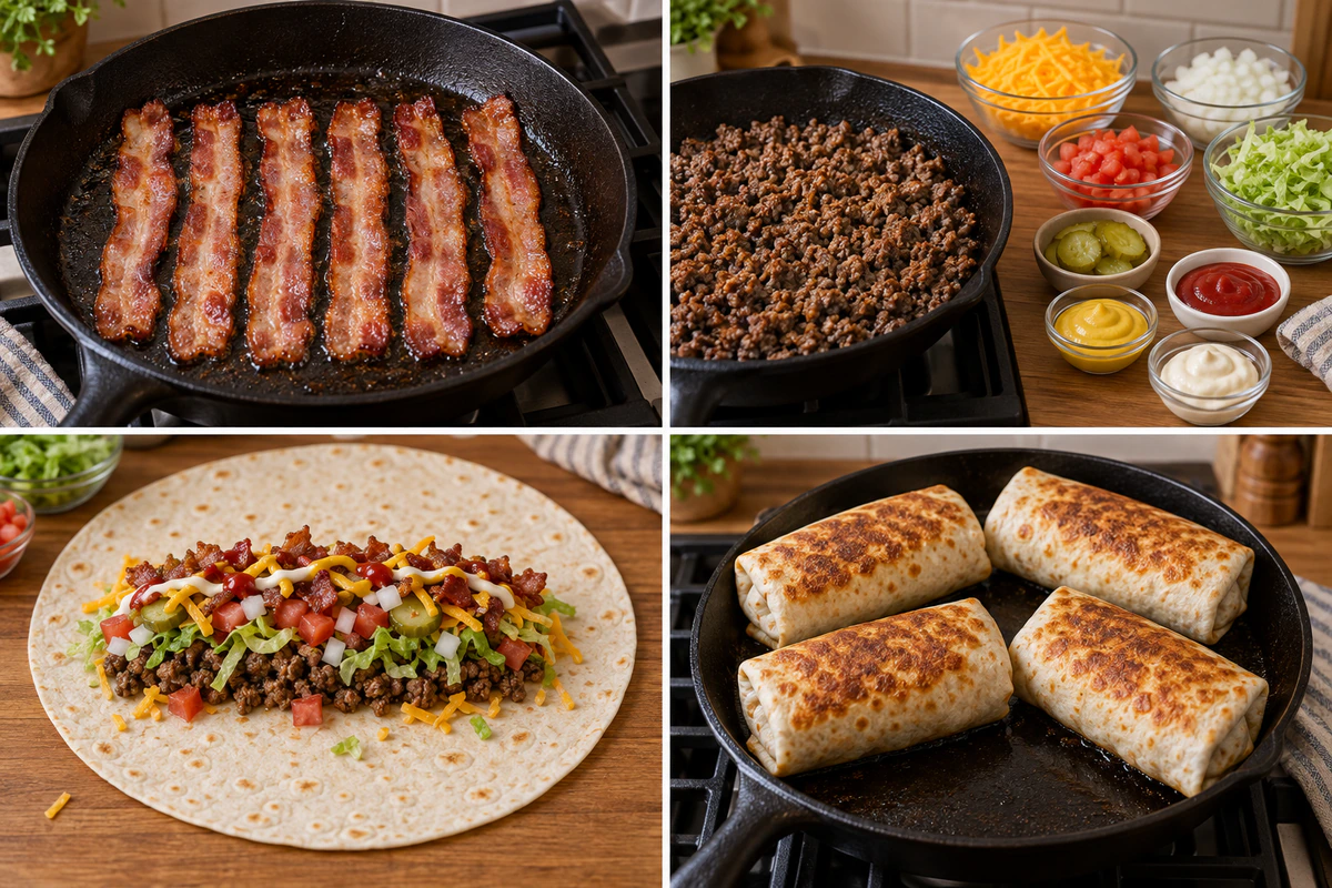 Four chronological preparation stages for Huge Bacon Cheeseburger Burrito