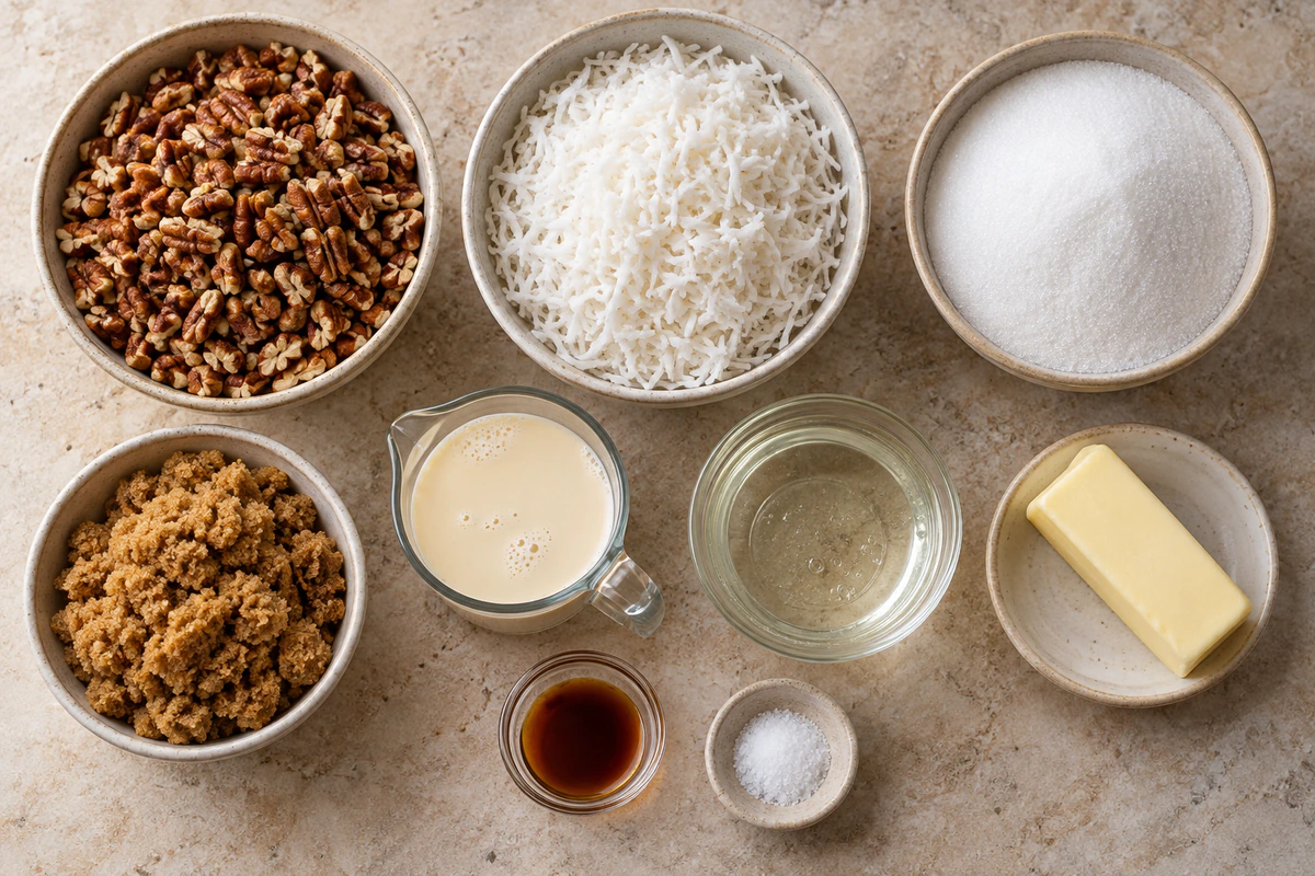 Exact measured ingredients for No-Bake Coconut Pecan Praline Cookies