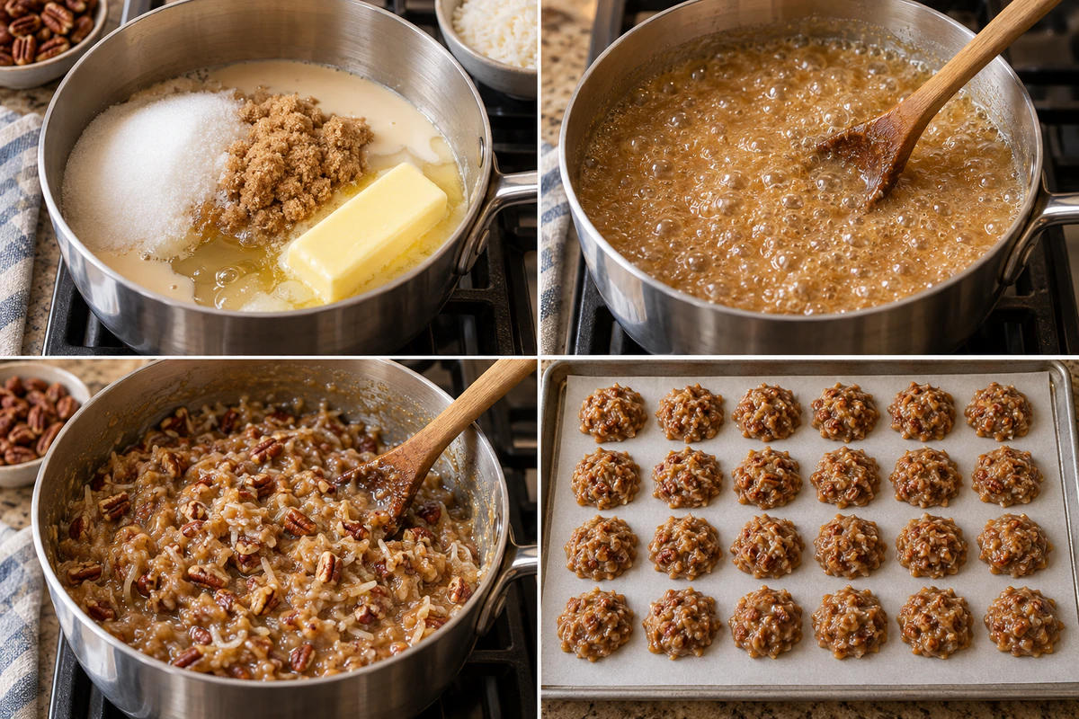 Four chronological preparation stages for No-Bake Coconut Pecan Praline Cookies